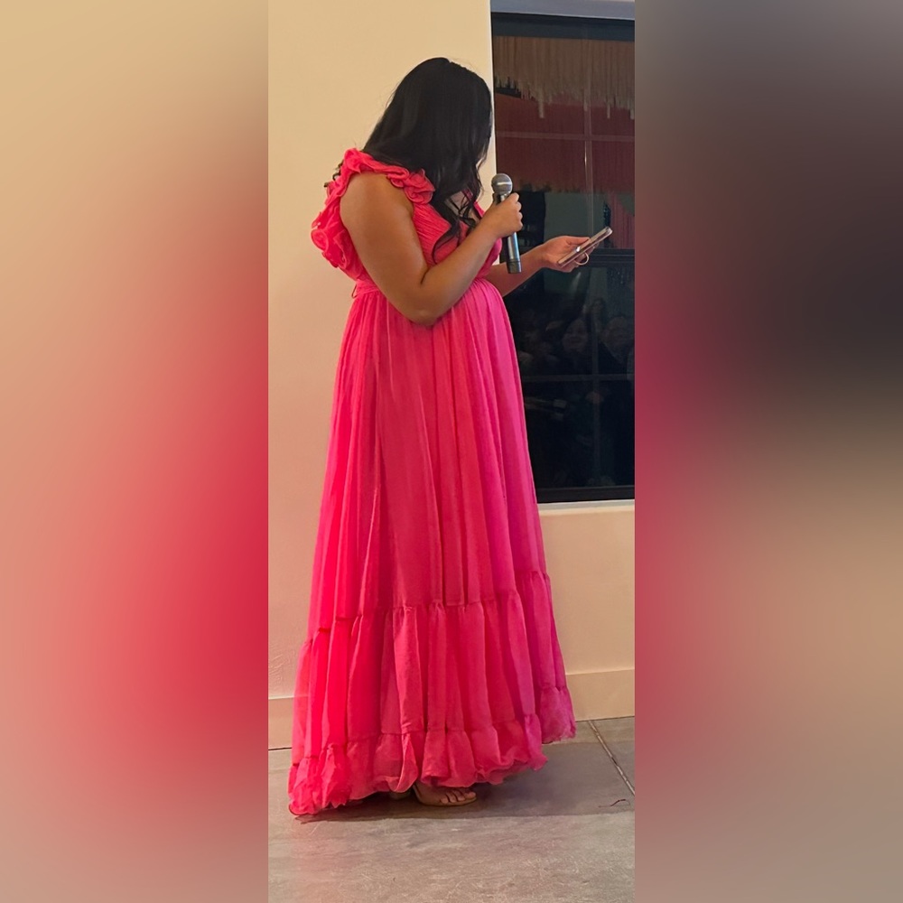 Mac Duggal Ruffle Tiered Cut-Out Chiffon Gown Hot Pink